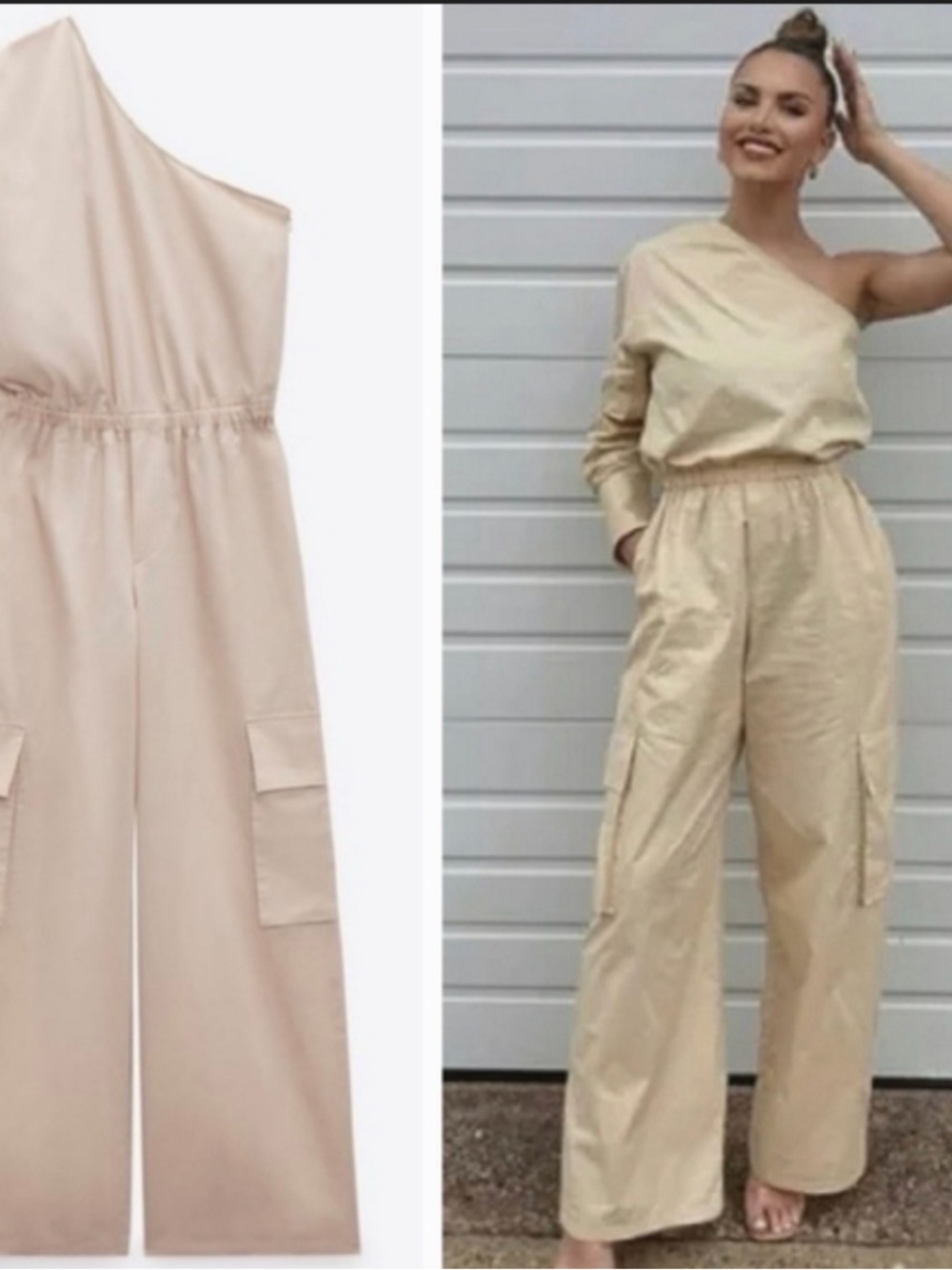 Zara Beige One-Shoulder Wide-Leg Cargo Jumpsuit